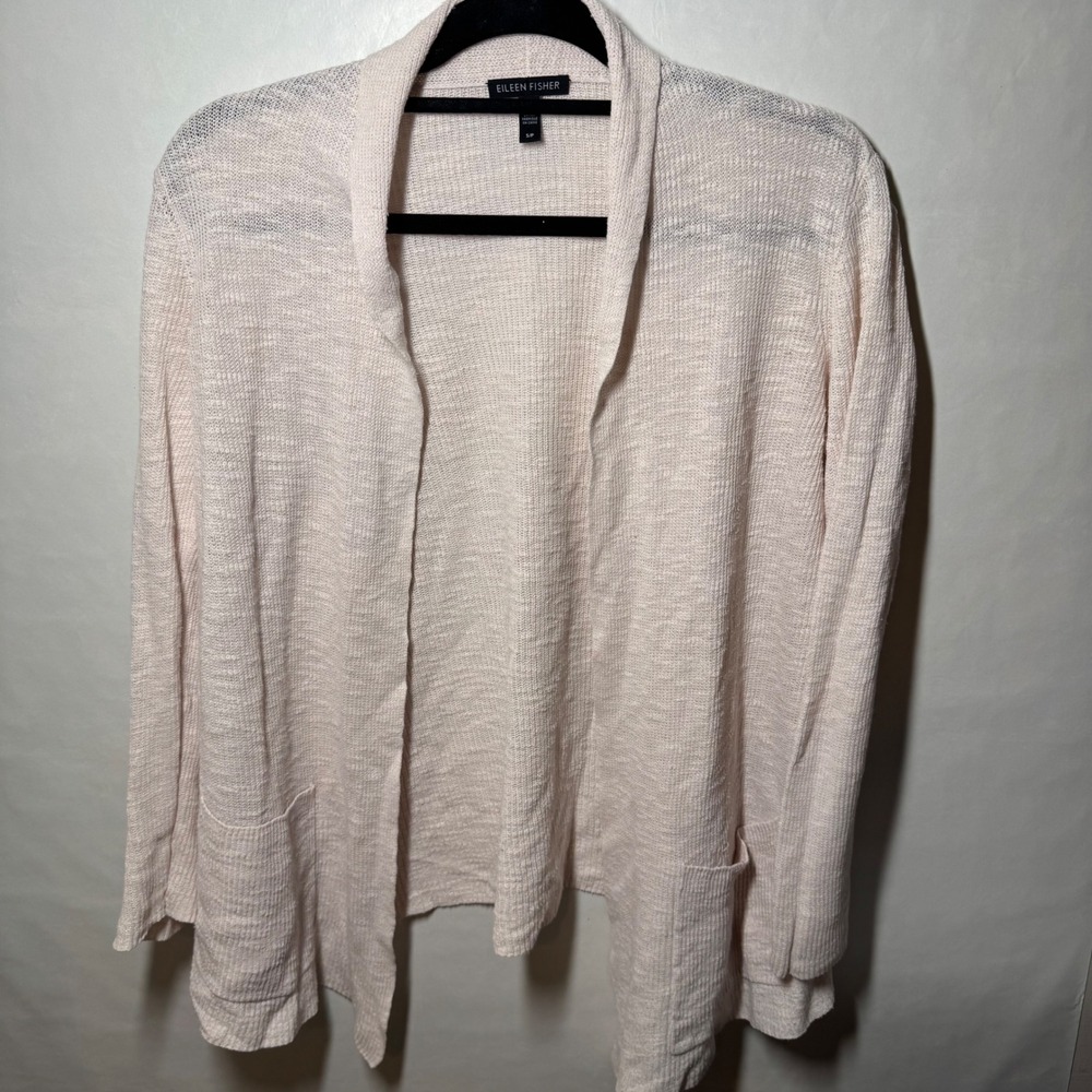 Eileen Fisher Women‎ Pastel Pink Linen Cotton Knit Open Front Cardigan Sweater S